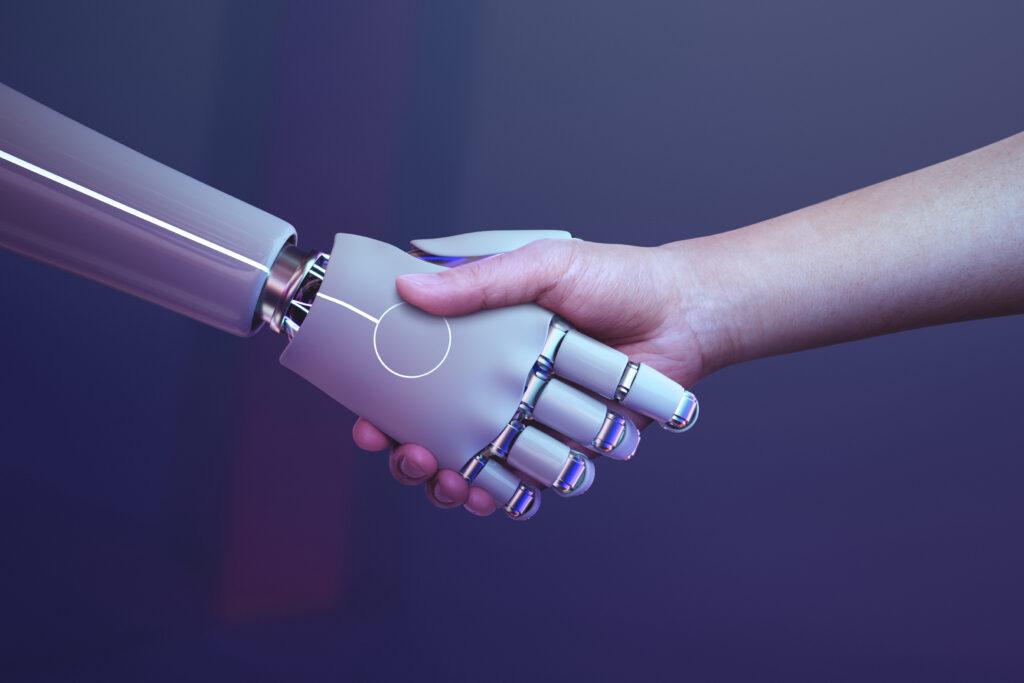 Robot handshake human background, futuristic digital age-1